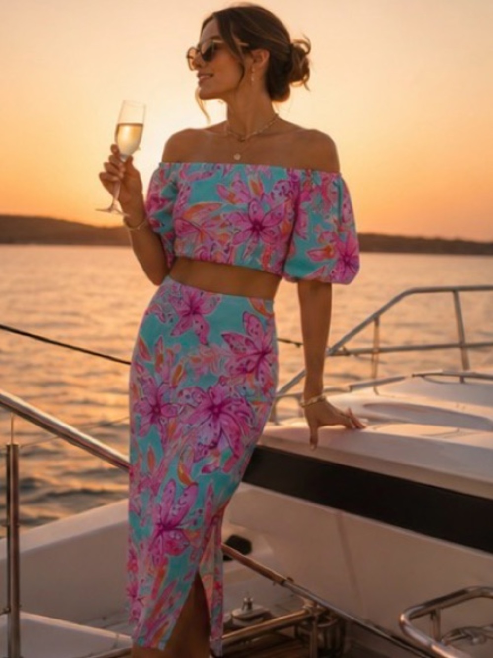 Lilly Pulitzer Esmeray Crop Top & Midi Skirt Set Surf Blue Bonita Blooms Resort